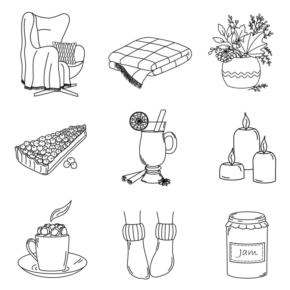 Cozy home. Set of 9 vector elements in doodles style