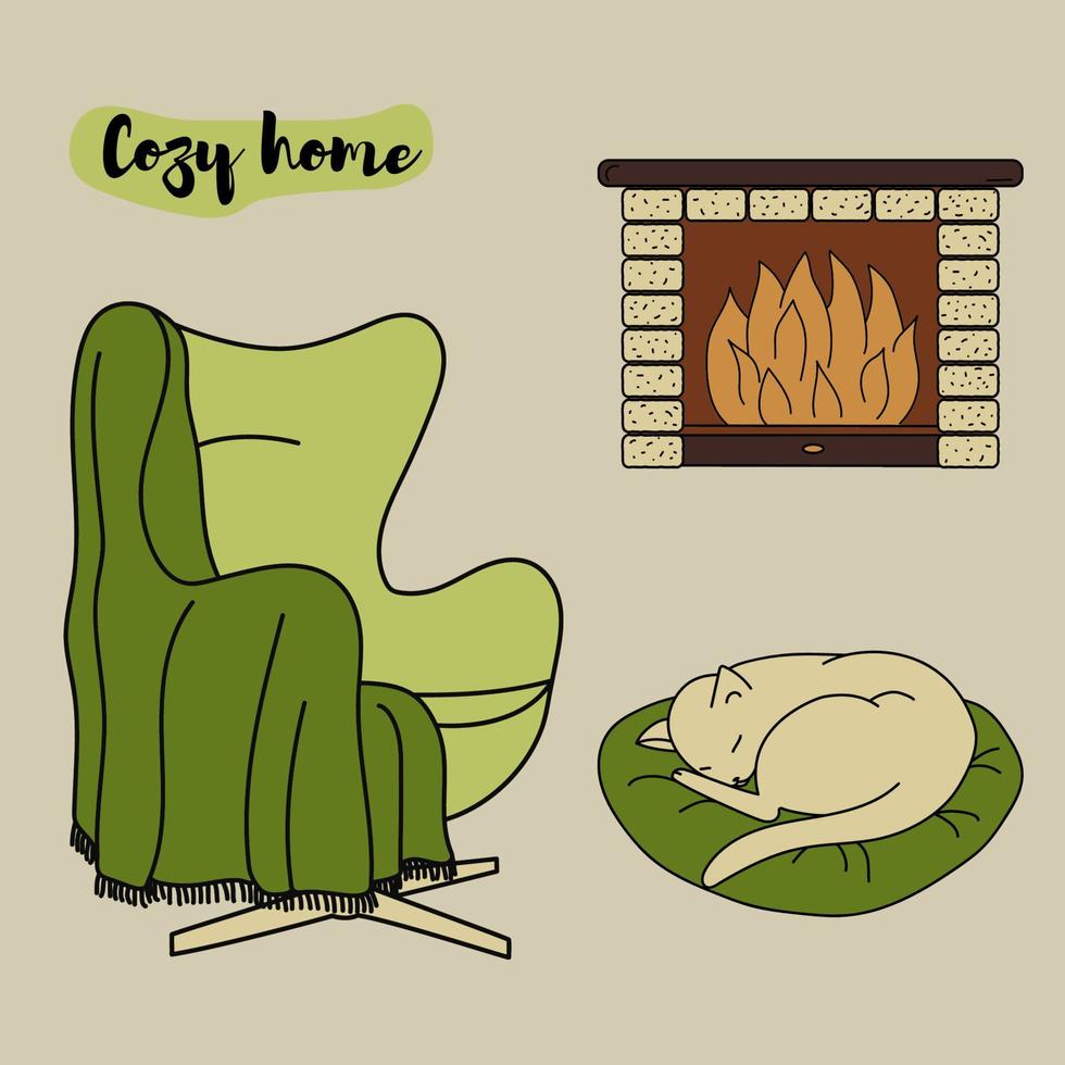 Cozy home. Set of 3 vector elements in doodles style