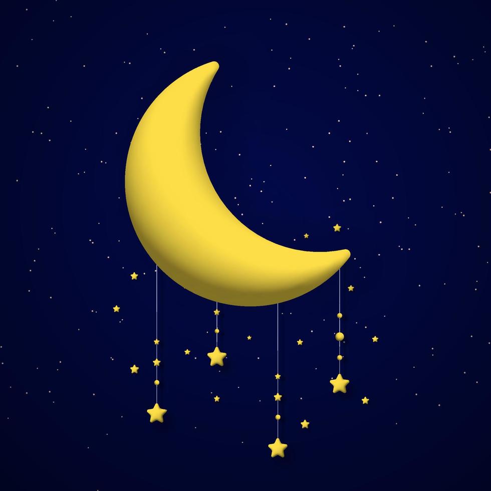 Cute 3d crescent moon and stars garlands on night sky background. Square composition.. vector