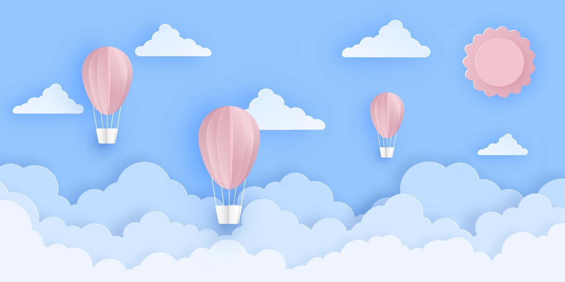 Pink beautiful hot air balloons flying over fluffy clouds in the sky with sun. vector