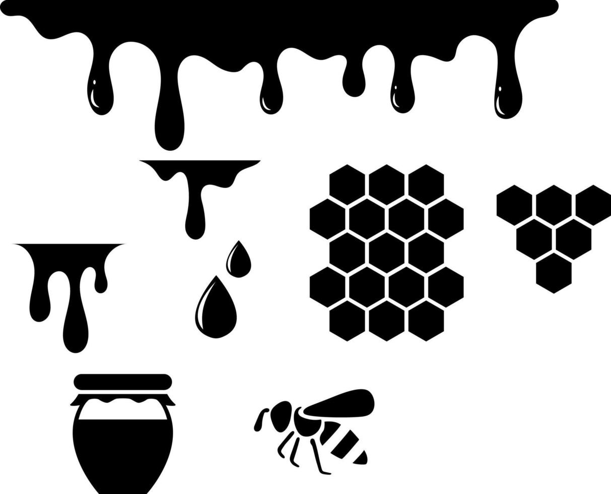 Honey dripping bee, honeycomb. bees vector set. black and white illustration transparent background