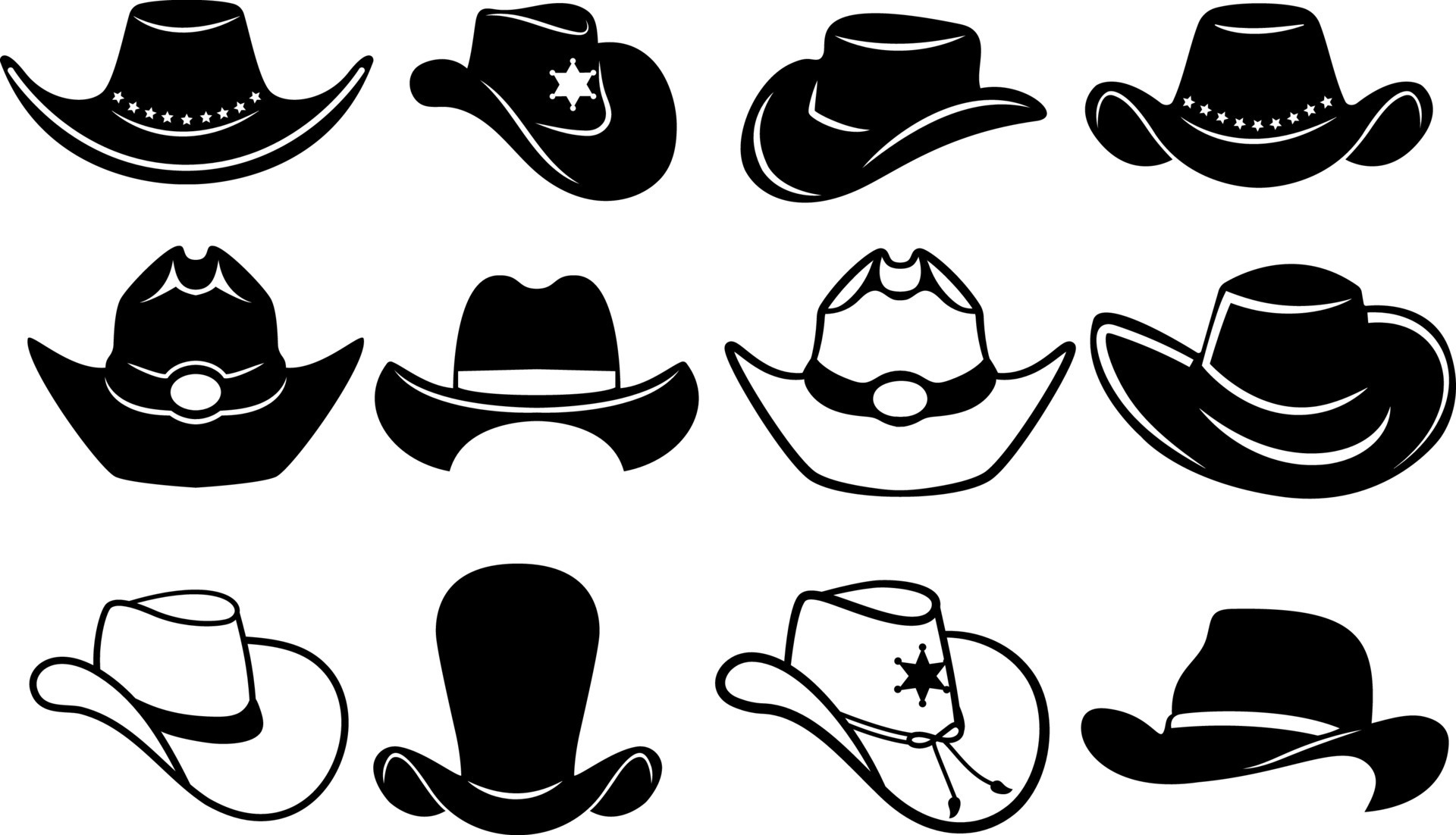 Set of cowboy hat icons. outline and silhouette vector. black hats illustration isolated on