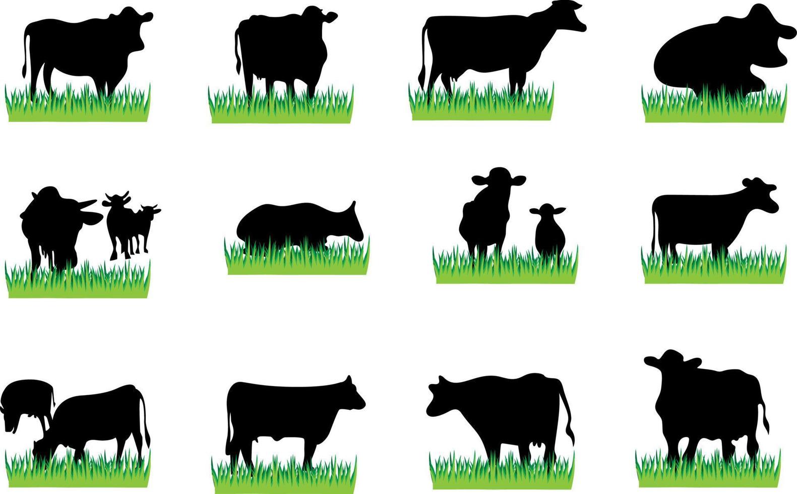 vector cow silhouette and green grass. set of animals.farm icons illustration flat style isolated