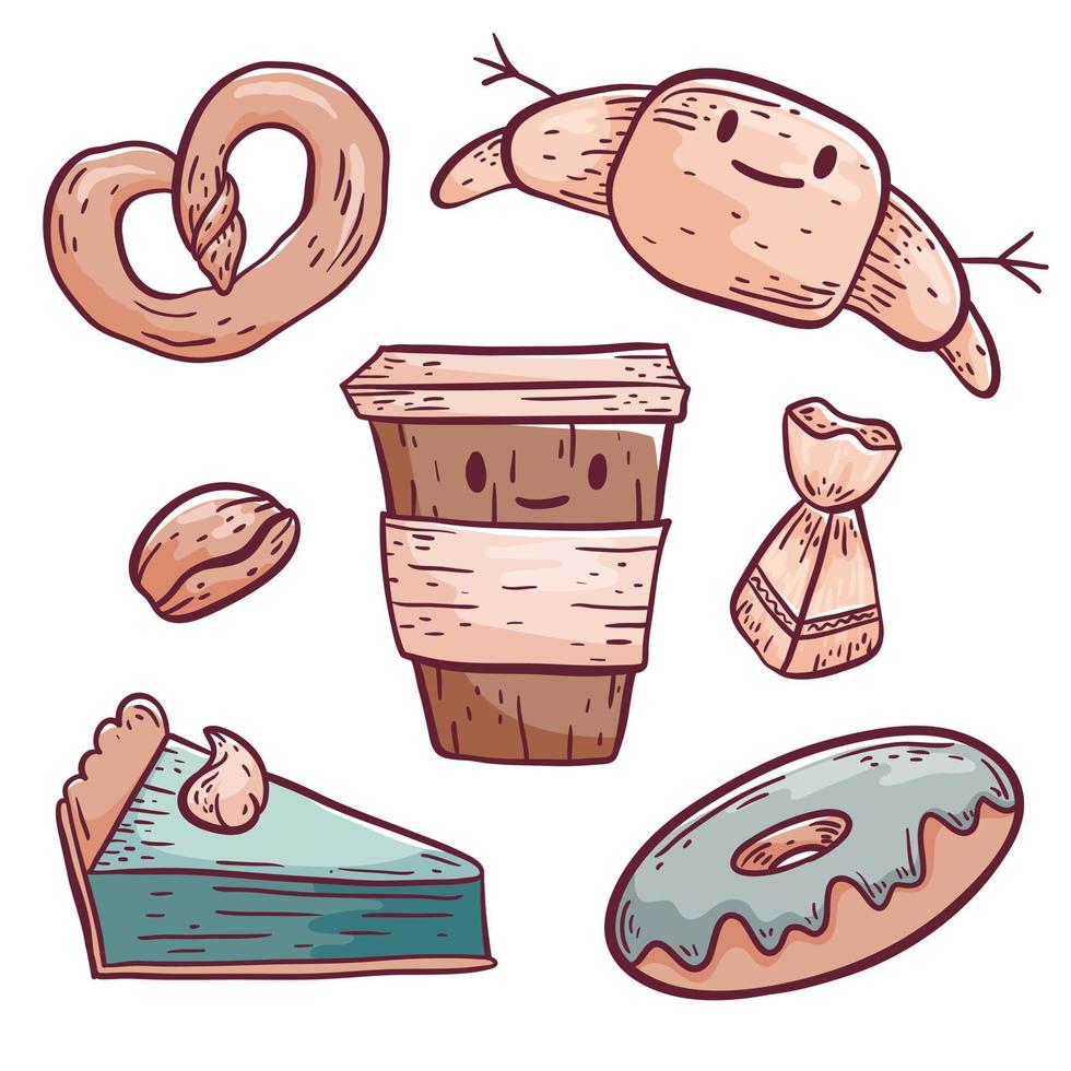 Cute vector doodle illustration. Isolated objects on a white background. Coffee in a plastic cup and pastries, donut, croissant, pretzel, slice of cake and candy. Design elements