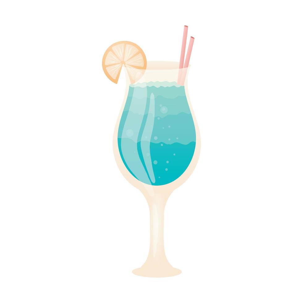 Vector isolated illustration on white background. A glass of blue alcoholic or non-alcoholic cocktail with a straw and a lemon wedge. Design element for bar or restaurant menu.