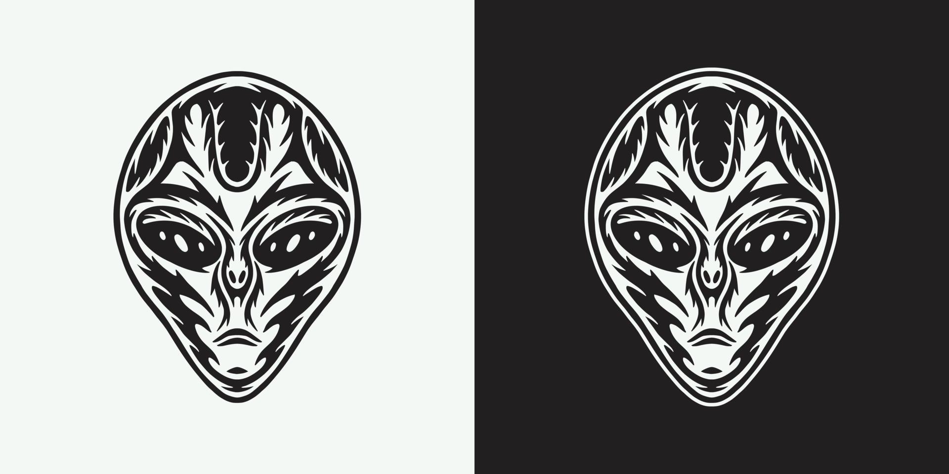 Vintage retro space alien ufo. Can be used for logo, badge, label. mark, poster or print. Monochrome Graphic Art. Vector Illustration. Woodcut lincut