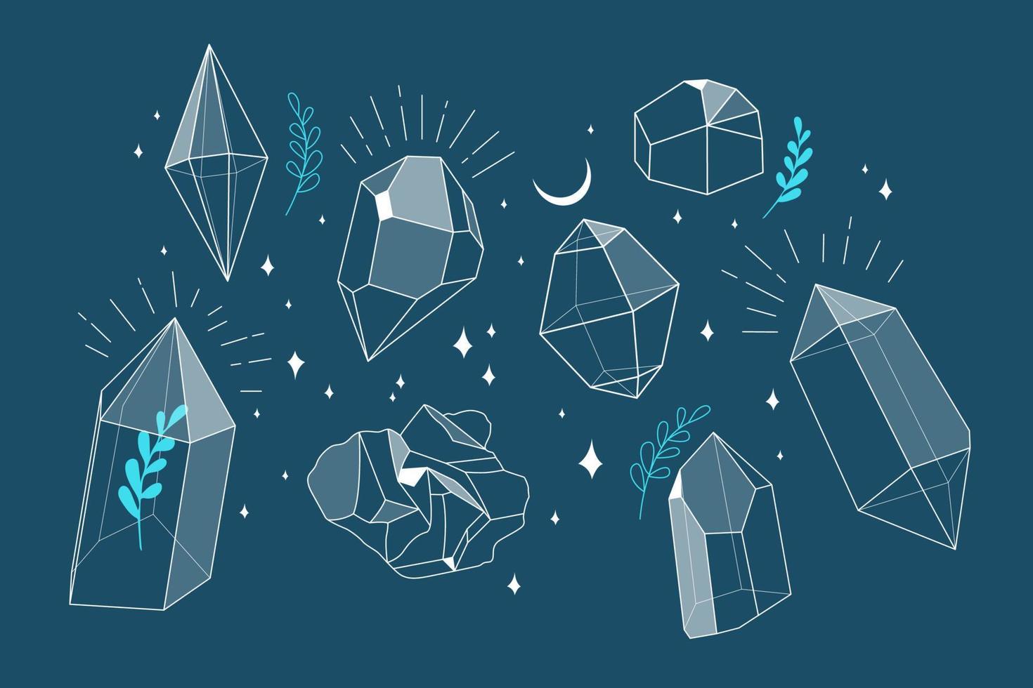 cristal gemas contorno colocar. magia cristal concepto. moderno vector ilustración. transparente línea Arte gemas con hojas y estrellas. minimalista diseño para web.