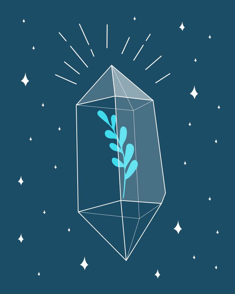 Crystal gem outline icon. Magic crystal concept. Modern vector illustration. Transparent line art gem with stars. Minimalistic design for web.