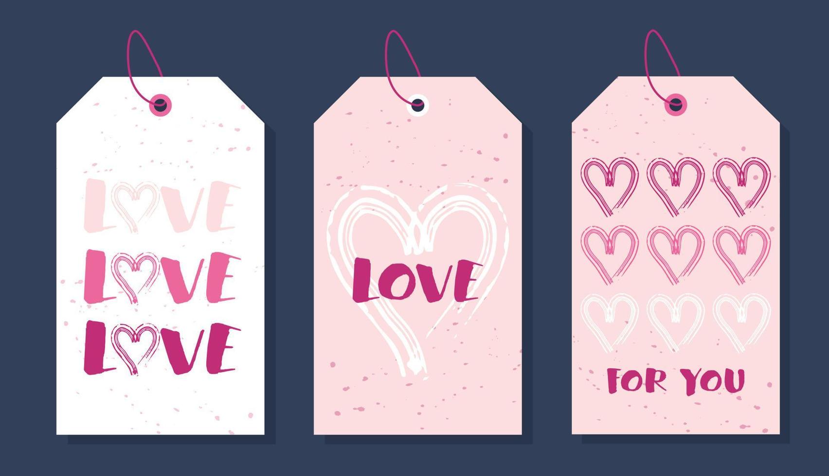 Hand drawn vector set of gift tags with hearts. Love and romantic tags isolated on dark background. Romantic labels for decorative design. Template for holidays and wedding designs.