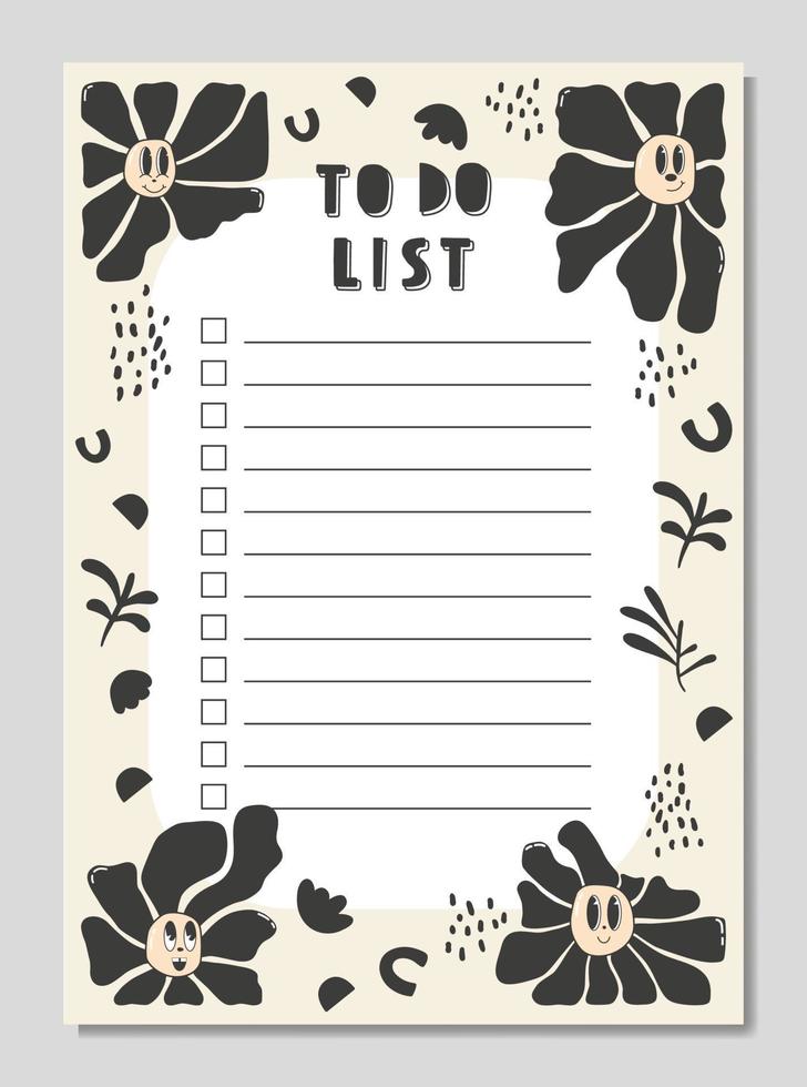 Check list planner, note paper, to do list decorated with cute cartoon doodle flowers and botanical illustrations and inspirational quote. School scheduler and organizer. Flat vector