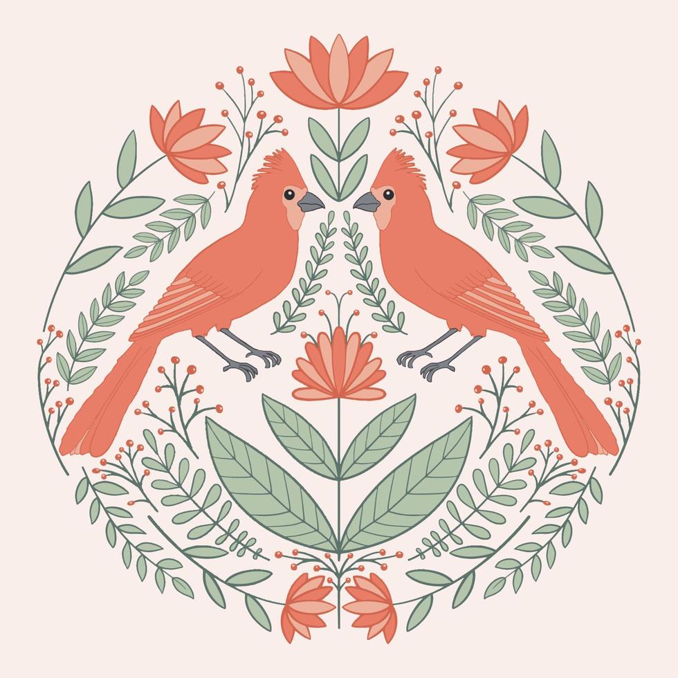 Symmetrical ornament with birds, flowers and leaves with different folk compositions. Motif in scandinavian style. Ethnic flat illustration with paper texture in trendy colors. vector