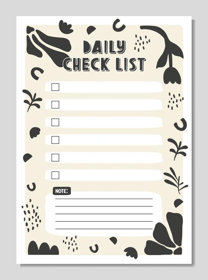 Daily check list planner, note paper, to do list decorated with cute cartoon doodle flowers and botanical illustrations and inspirational quote. School scheduler and organizer. Flat vector