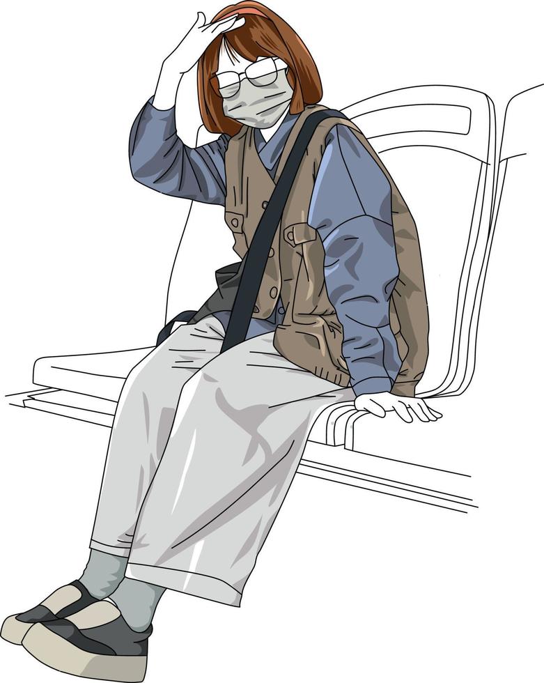illustration of a short haired teenage girl sitting on a bus vector