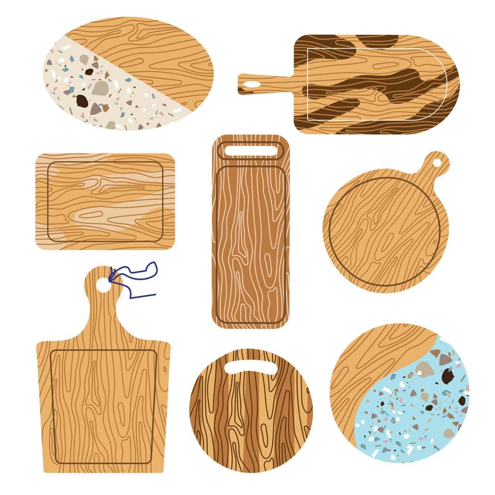 Set of wooden cutting boards isolated on a white background. Used as a layout for menus, postcards, posters, banners, web design and t-shirt printing. vector