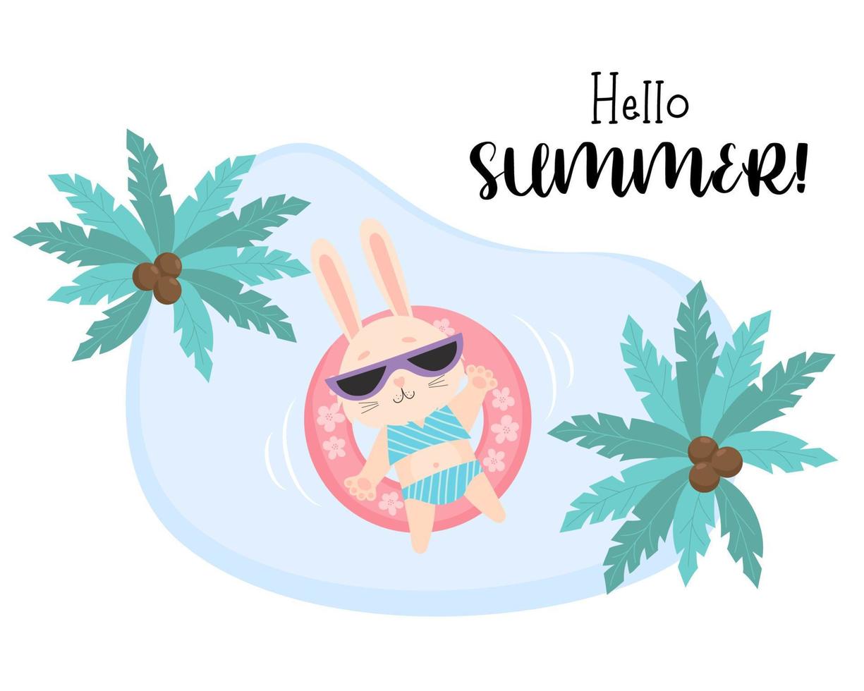 Hola verano. tropical tarjeta con linda playa conejito en traje de baño, Gafas de sol flotante en mar en un impermeable caucho anillo. vector ilustración. verano personaje liebre turista.