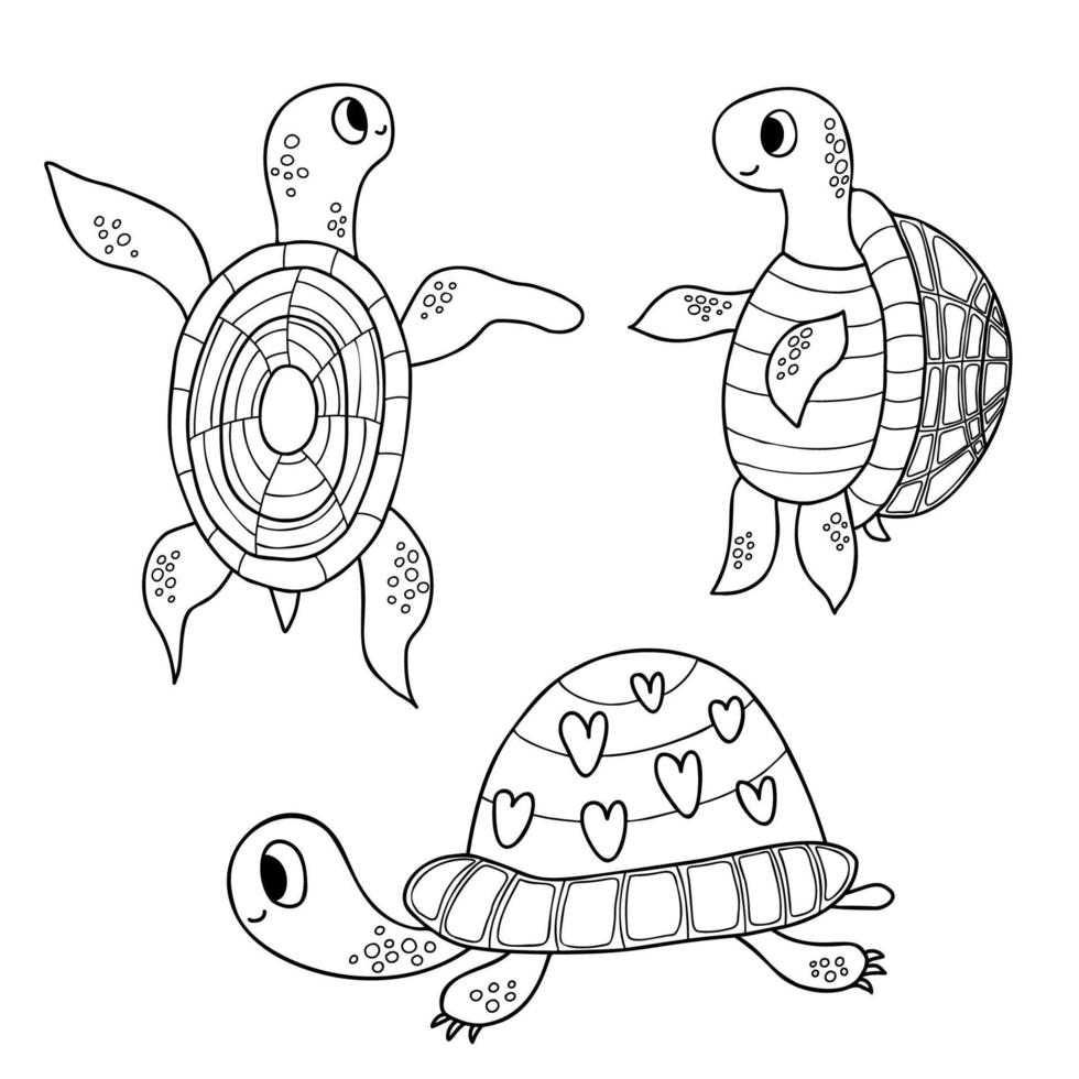 Collection cute turtles. Vector illustration. Isolate outline drawing funny animals. For design, decor, cards, print, coloring page, cards, kids collection.