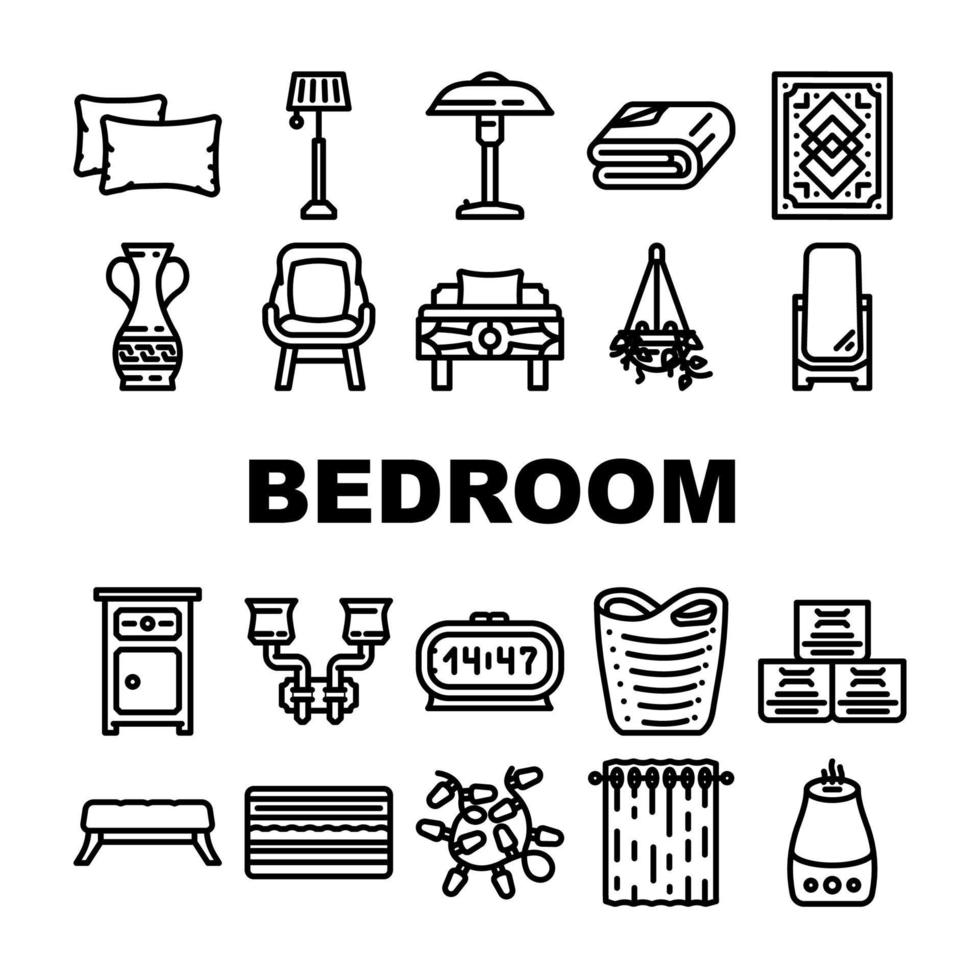 dormitorio casa hogar cama interior íconos conjunto vector