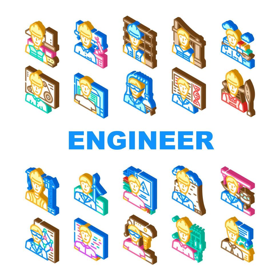 engineer worker man construction icons set vector