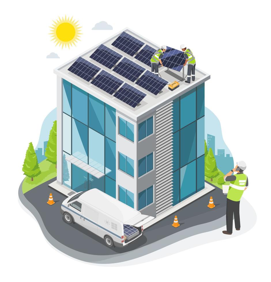 solar paneles techo parte superior instalación ingeniero instalador equipo Servicio oficina trabajo estación vaso ciudad edificio salvar energía ecología concepto isométrica aislado ilustración dibujos animados vector