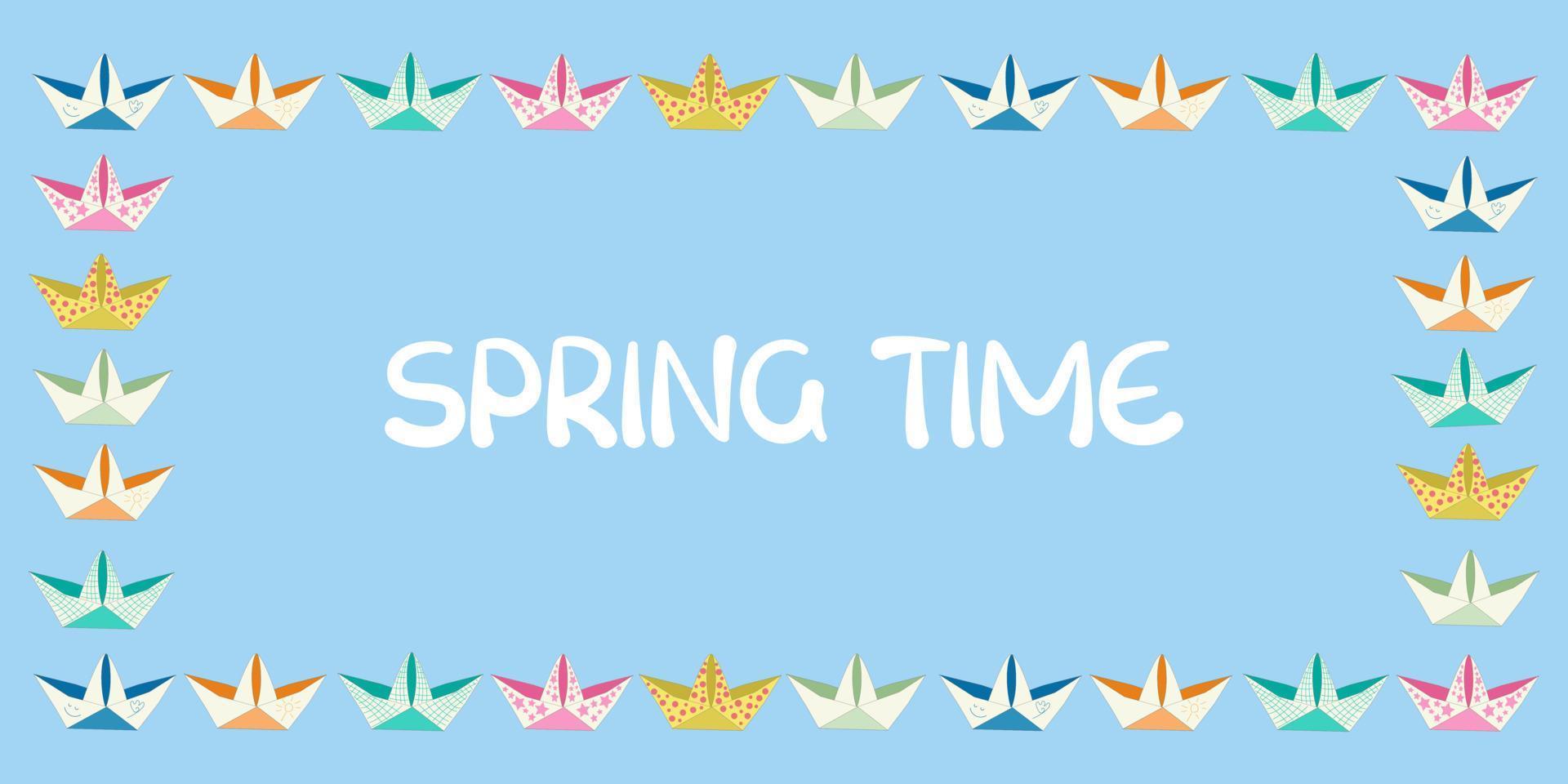 vector illustration frame of colored paper boats - spring time