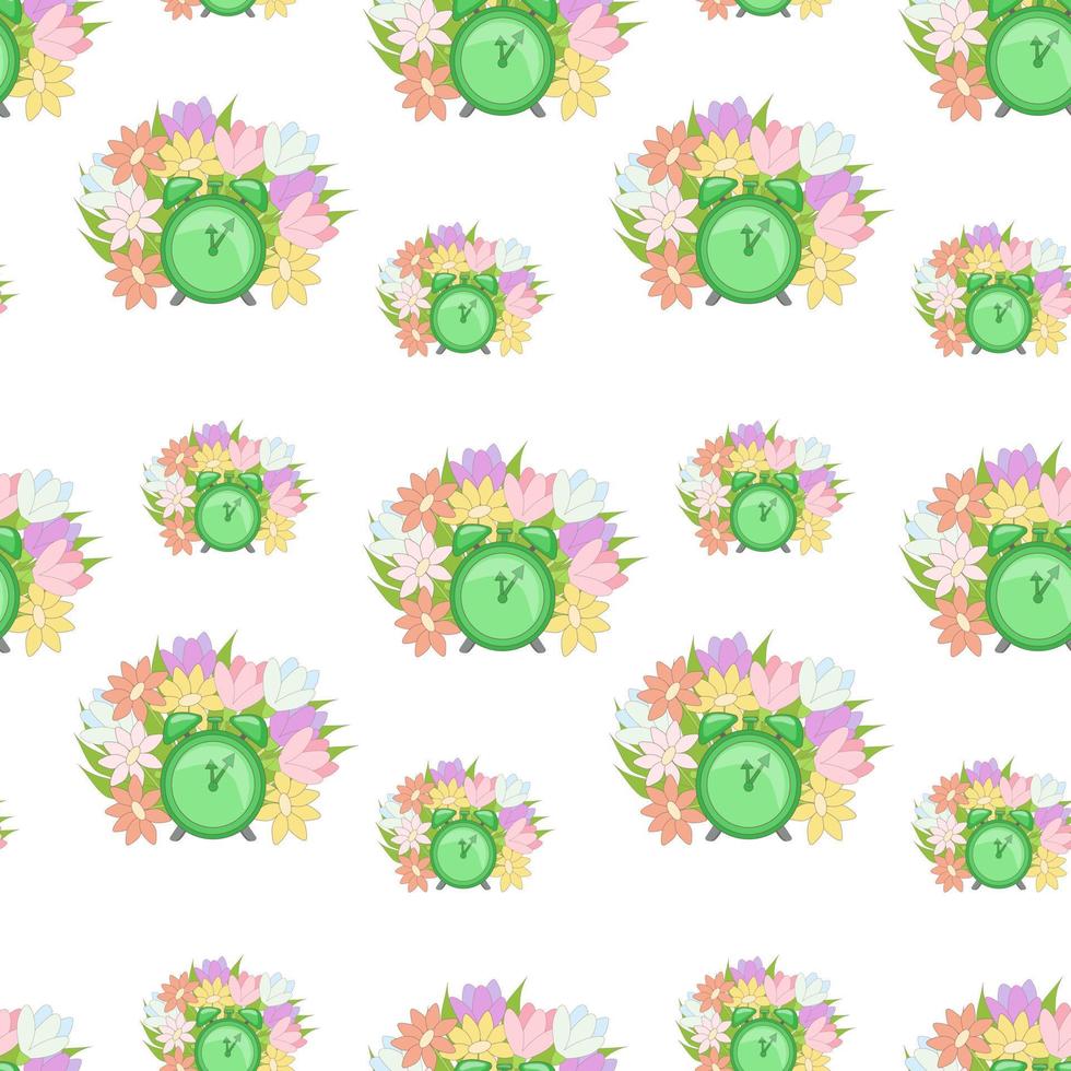 vector illustration seamless pattern green alarm clock and spring flowers
