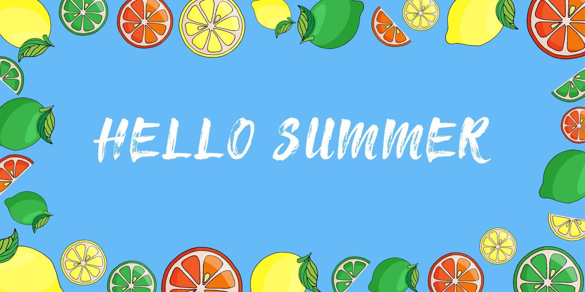 vector illustration blue  background frame of citruses - hello summer