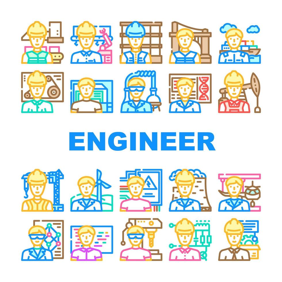 engineer worker man construction icons set vector