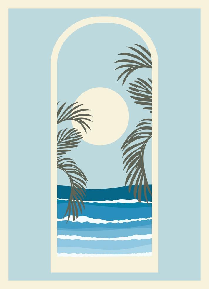 Minimalist seaside landscape view through window. Sea and palms poster. Minimalistic style architecture. Vector illustration.