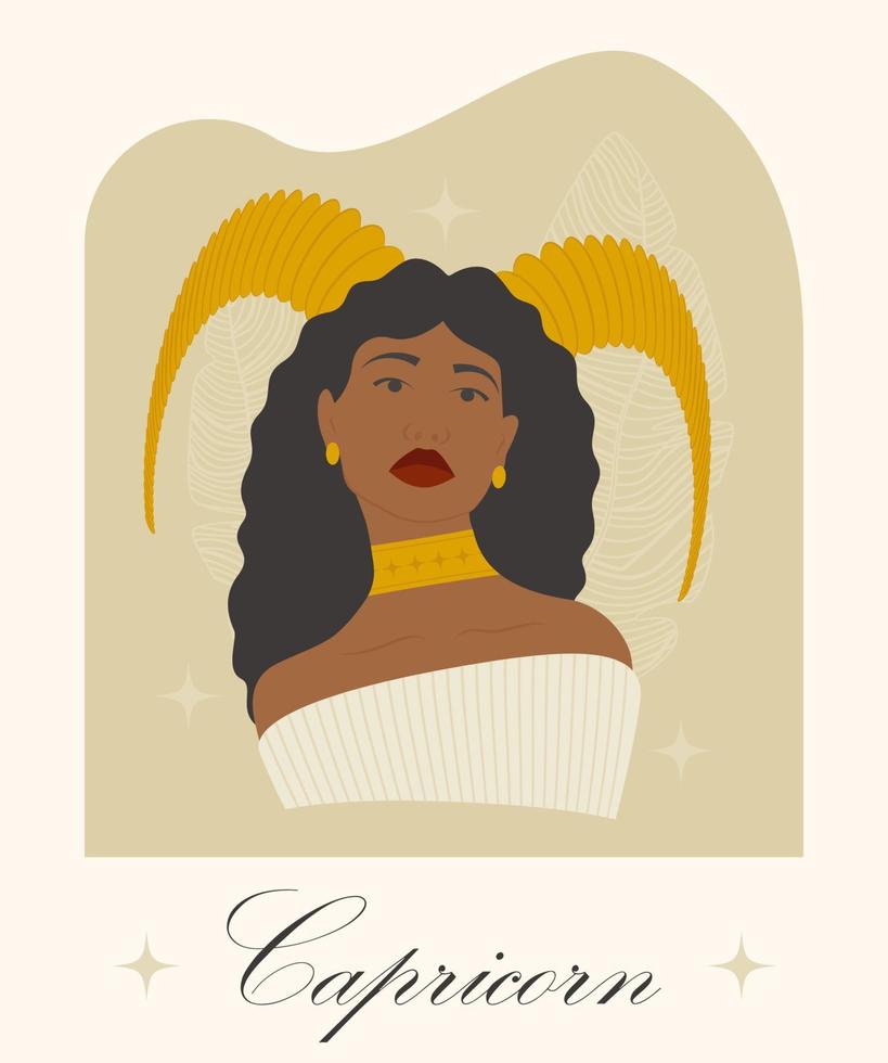 zodíaco ilustración de Capricornio zodíaco firmar como un hermosa afro muchacha. joven dama agua símbolo personaje. astrología elementos vector ilustración aislado en beige antecedentes.