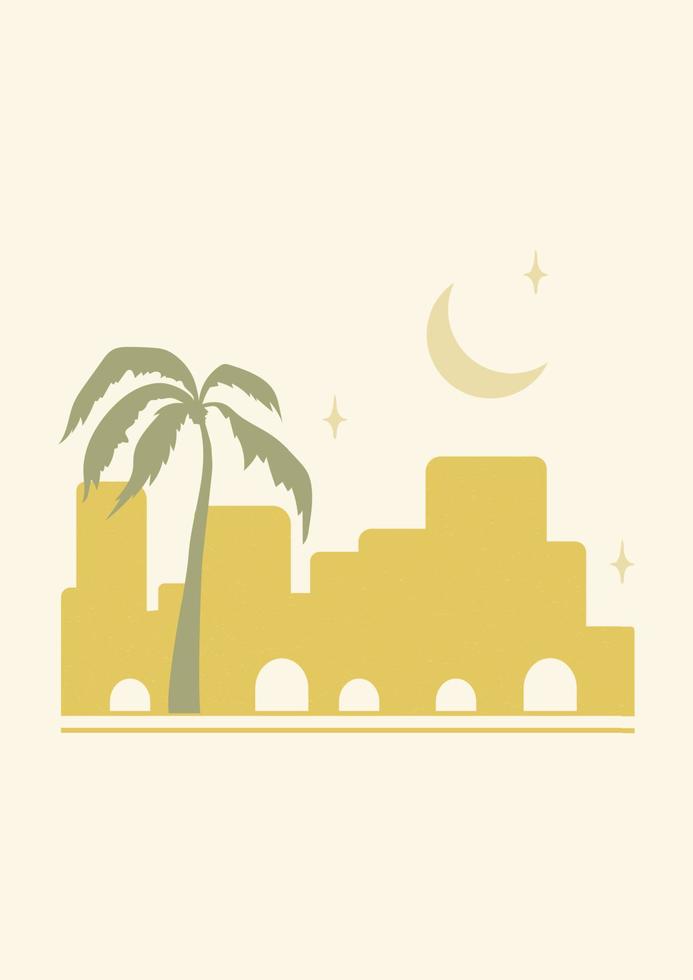 Architecture Morocco elements and moon poster illustration. Modern aesthetic illustrations. Boho style artistic design for wall decoration vector