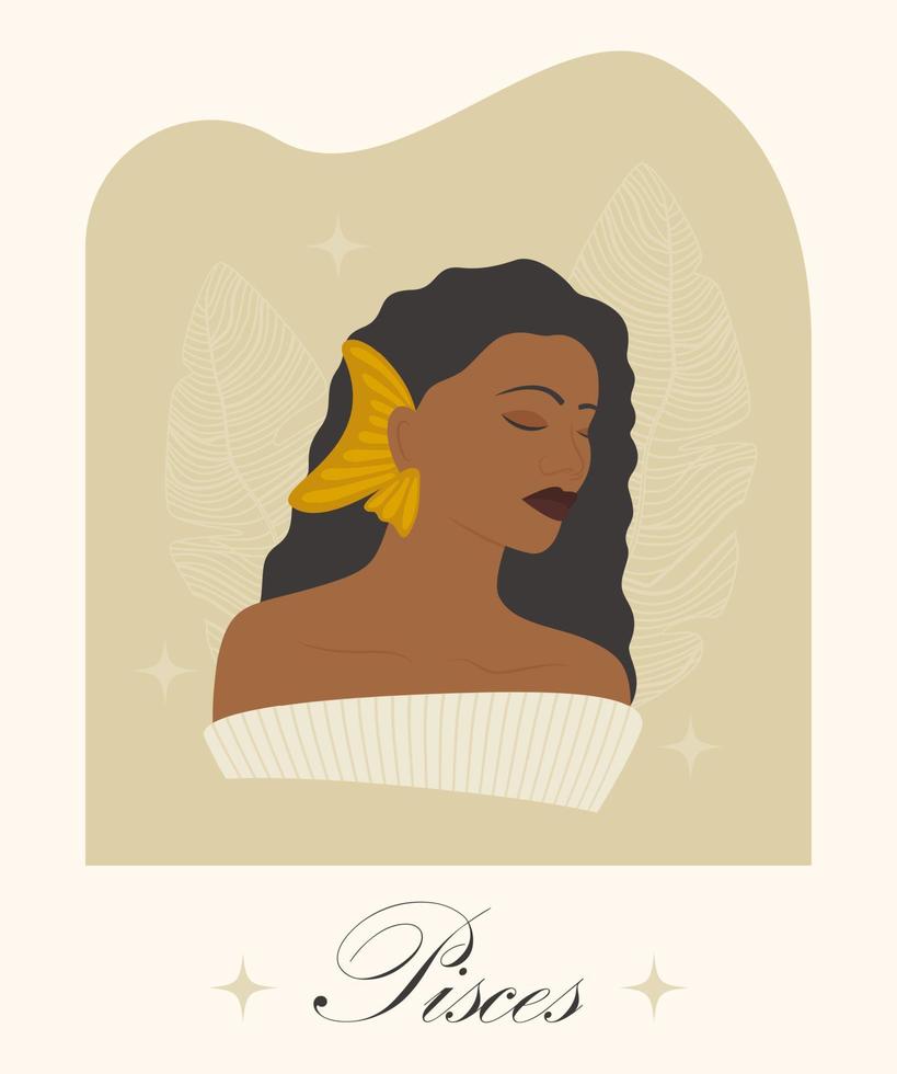 Piscis zodíaco firmar negro mujer dibujos animados vector ilustración. astrológico símbolo personalidad, joven afro dama en beige. personaje para comercial, impresión diseño