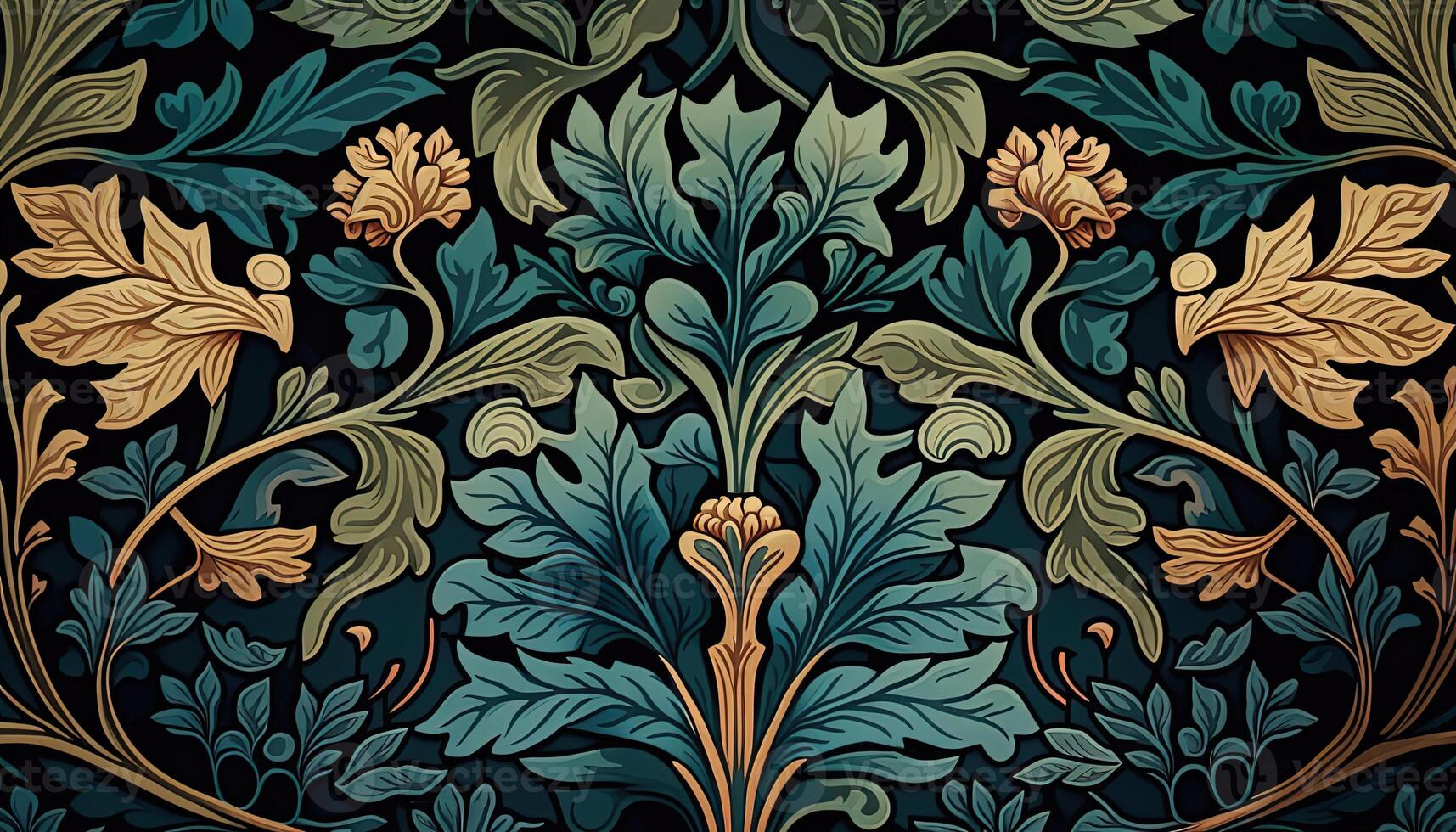 generativo ai, floral vistoso modelo. Guillermo morris inspirado natural plantas y flores fondo, Clásico ilustración. follaje ornamento. foto