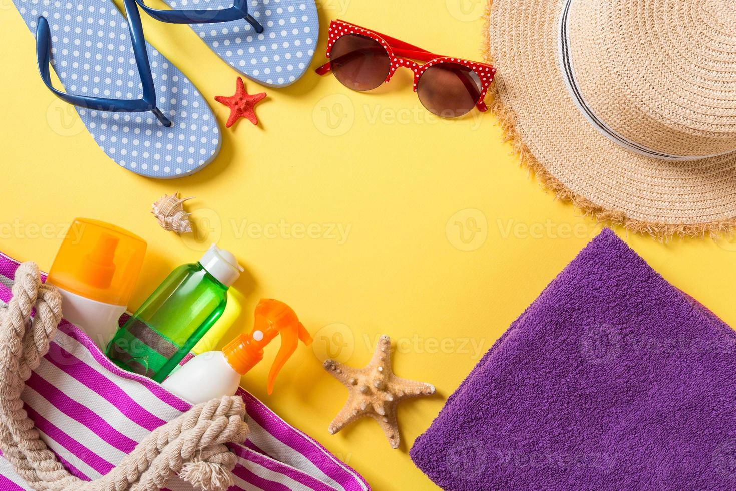 Summer vacation background with copy space. Flat lay photo on color table, travel concept. Free space for text, mock-up