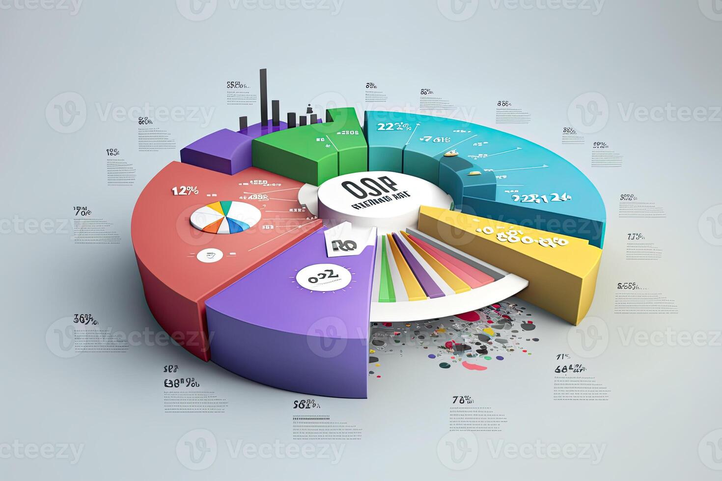 Big data analytics report. Infographic with graph and chart on abstract background. Distribution of data by business categories. Created with photo