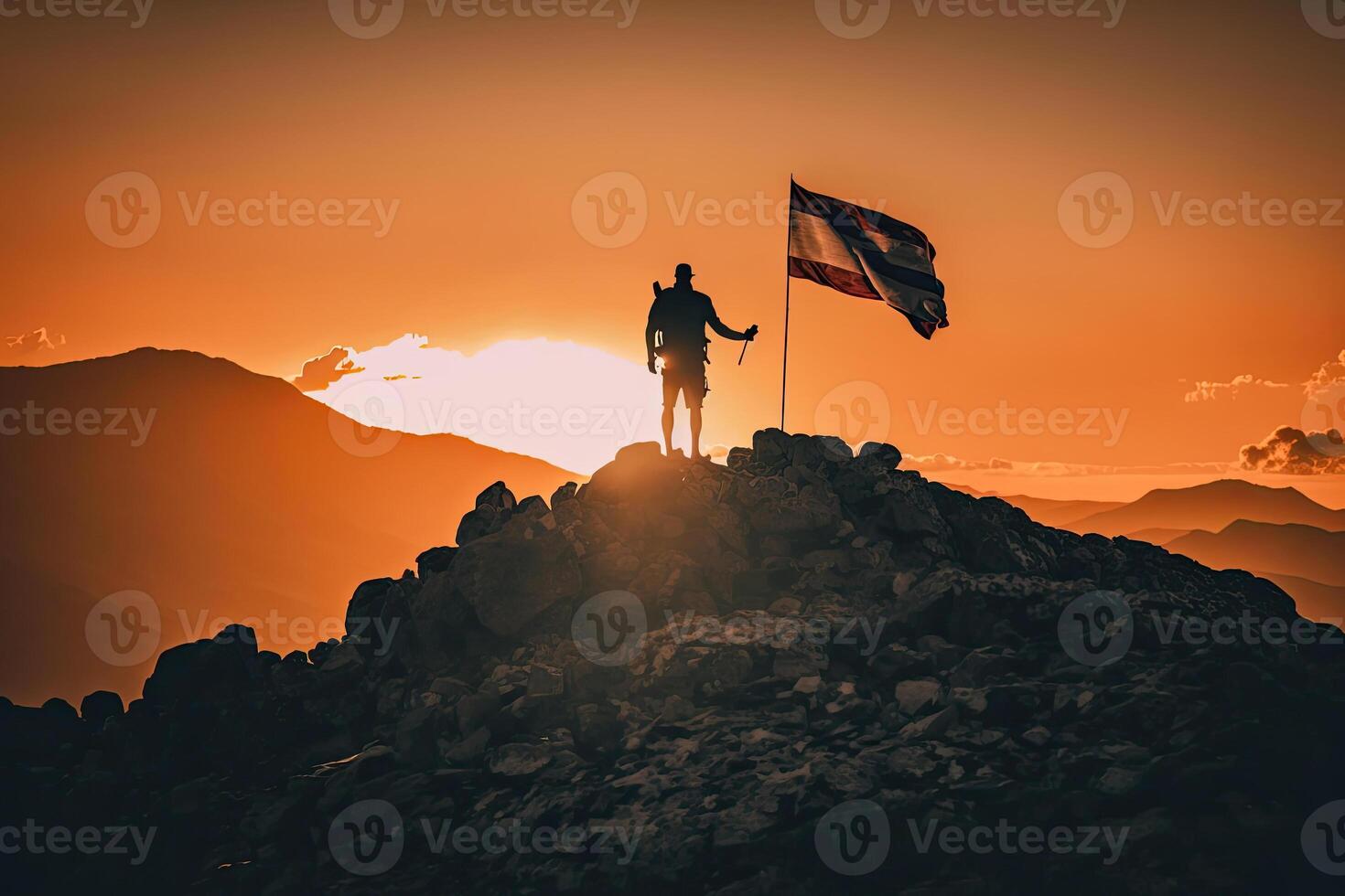 Silhouette of a traveler on mountain peak with flag. The concept of achievement and success. Created with photo