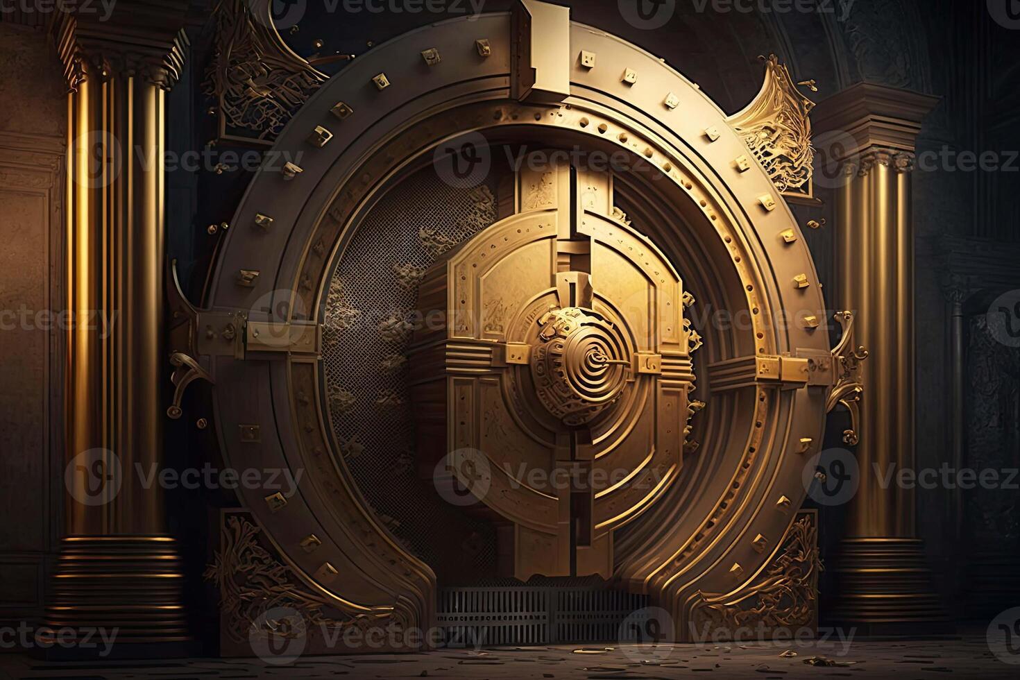 Decorated bank safe door. Bank vault for saving money and precious metals. Created with photo