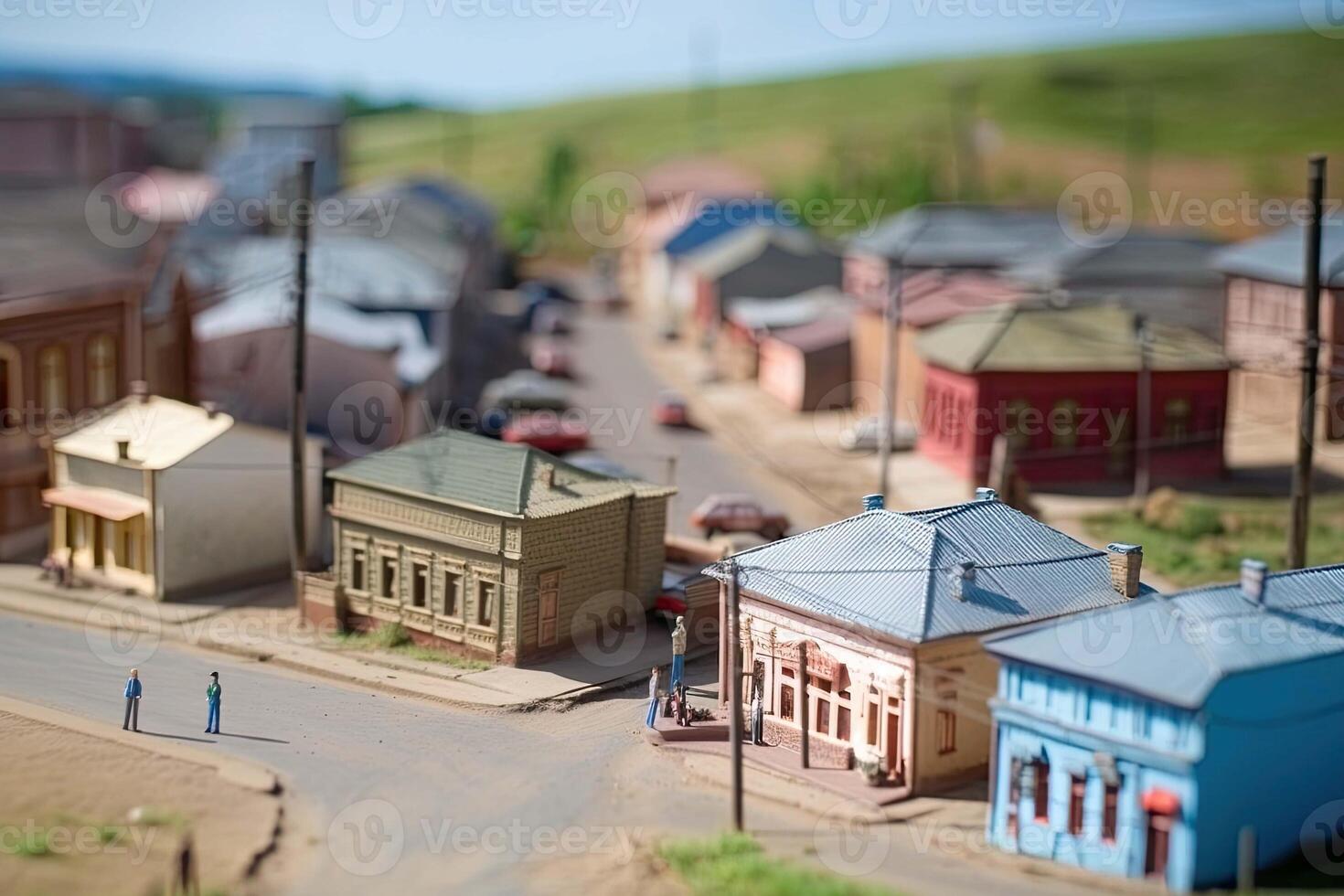 City life with living building facades and people walking at street, aerial view. Urban infrastructure. Model of city street in miniature, tilt shift. Created with photo