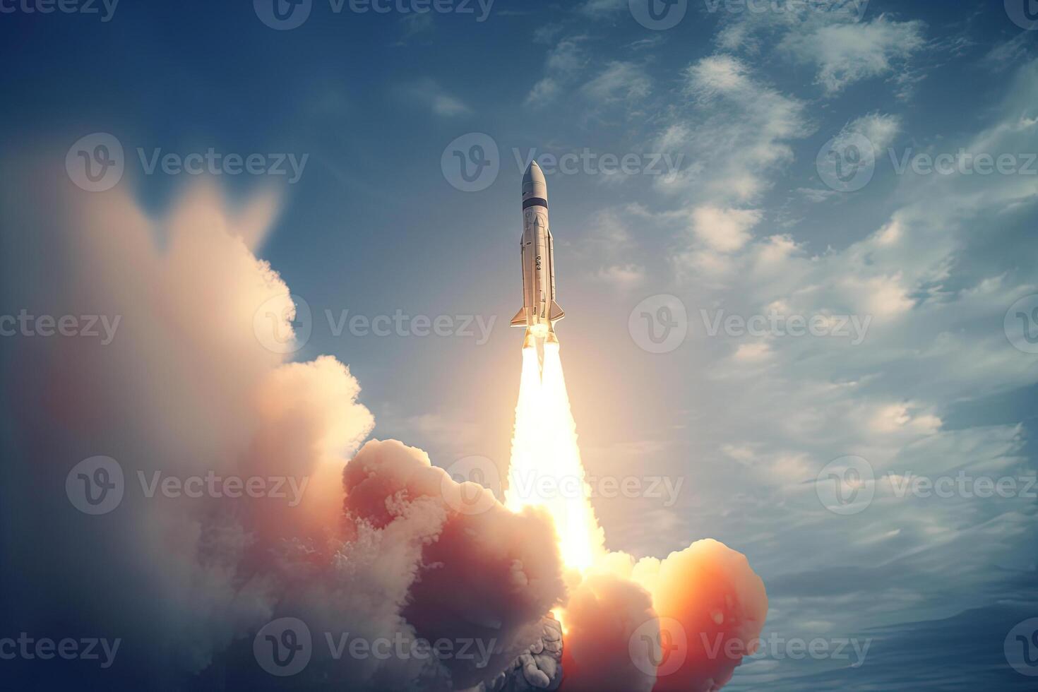 Rocket launch from cosmodrome. Fight of space rocket in blue sky. Space mission. Space Shuttle takeoff. Created with photo