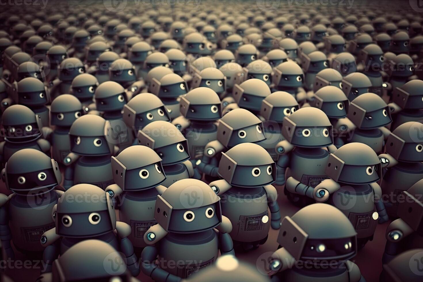 Robot crowd in rows. Robot army. Created with photo