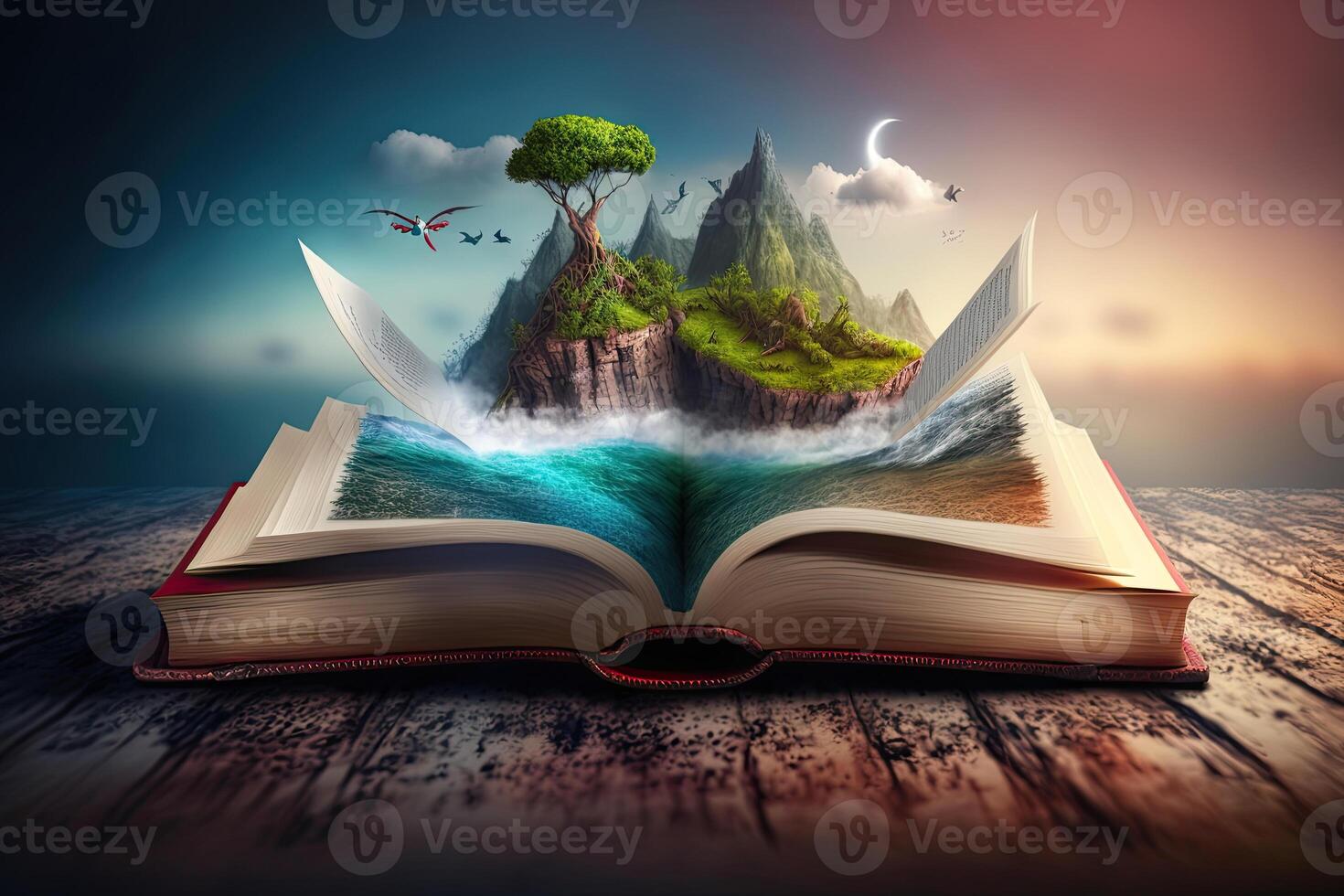 Open magical book with fantasy landscape over pages. Created with photo