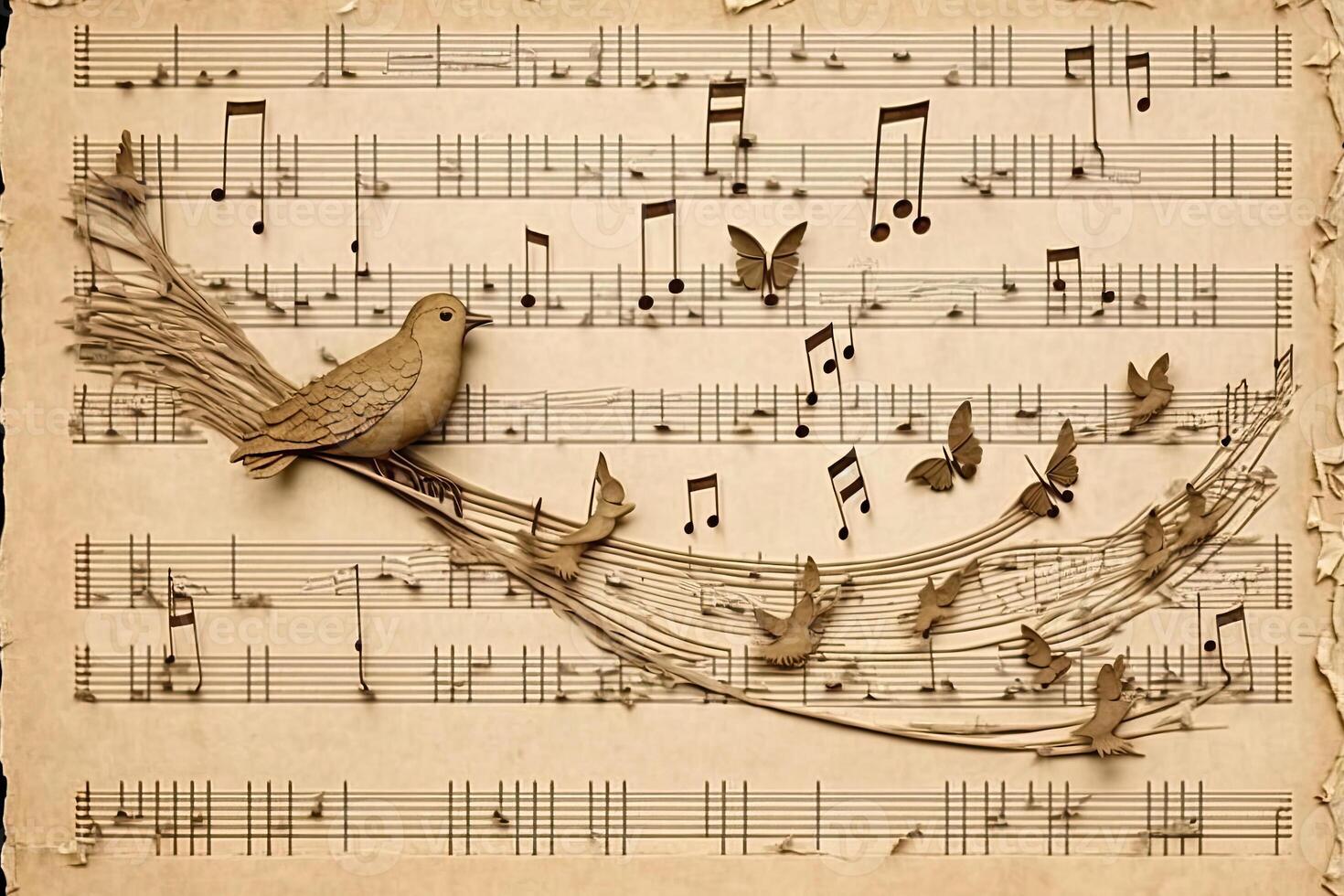 Creative music background. Musical abstract illustration, paper art. Created with photo