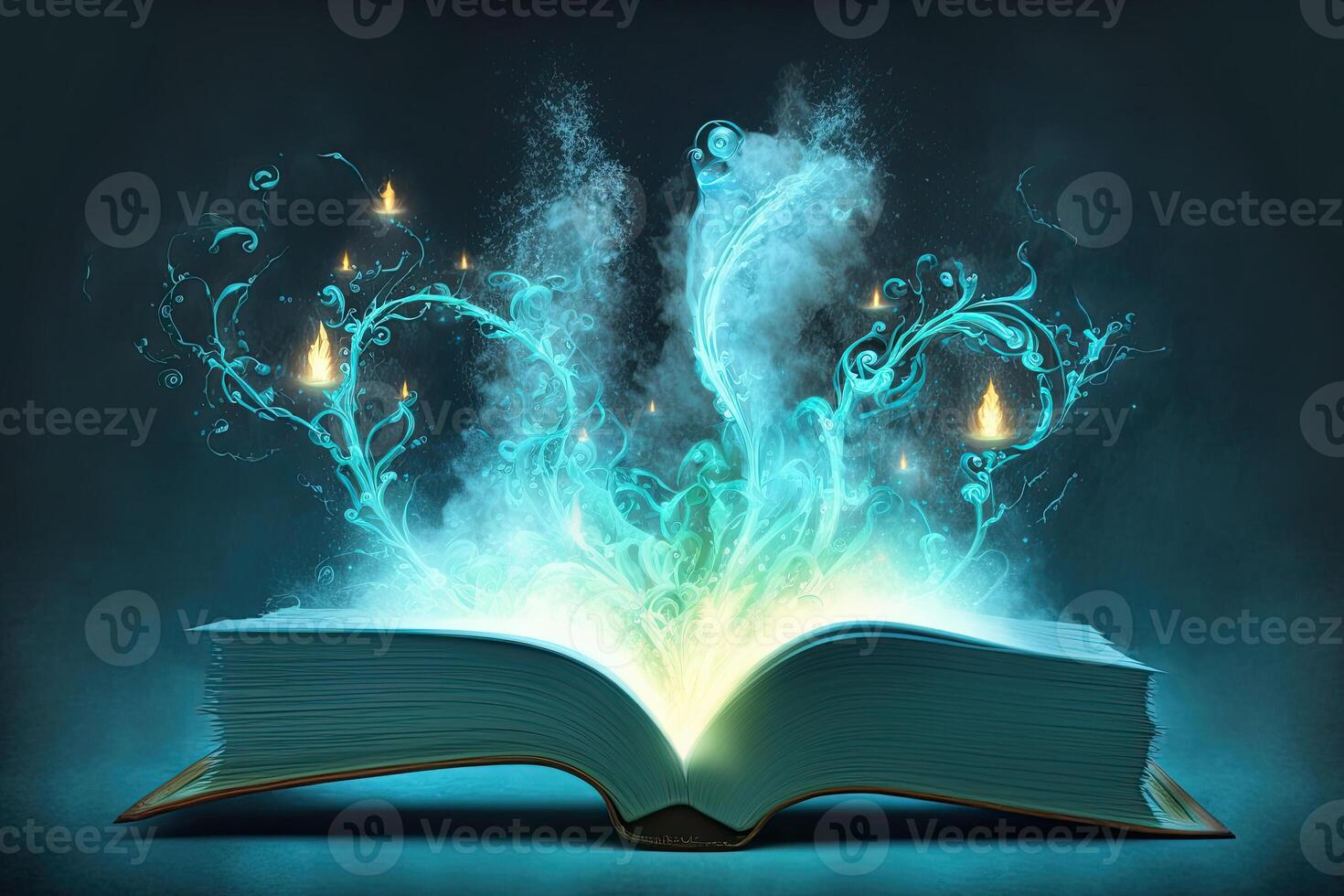 Open magical book with glowing lights over pages on abstract background. Fantasy reading. Created with photo