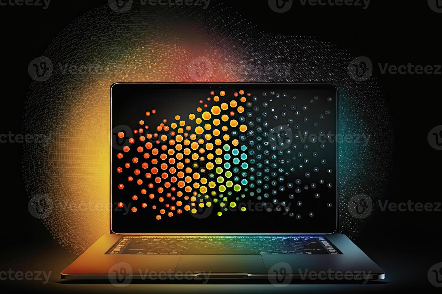 Digital data and network connection on laptop screen. Big data analysis. Network information and data protection concept. Created with photo