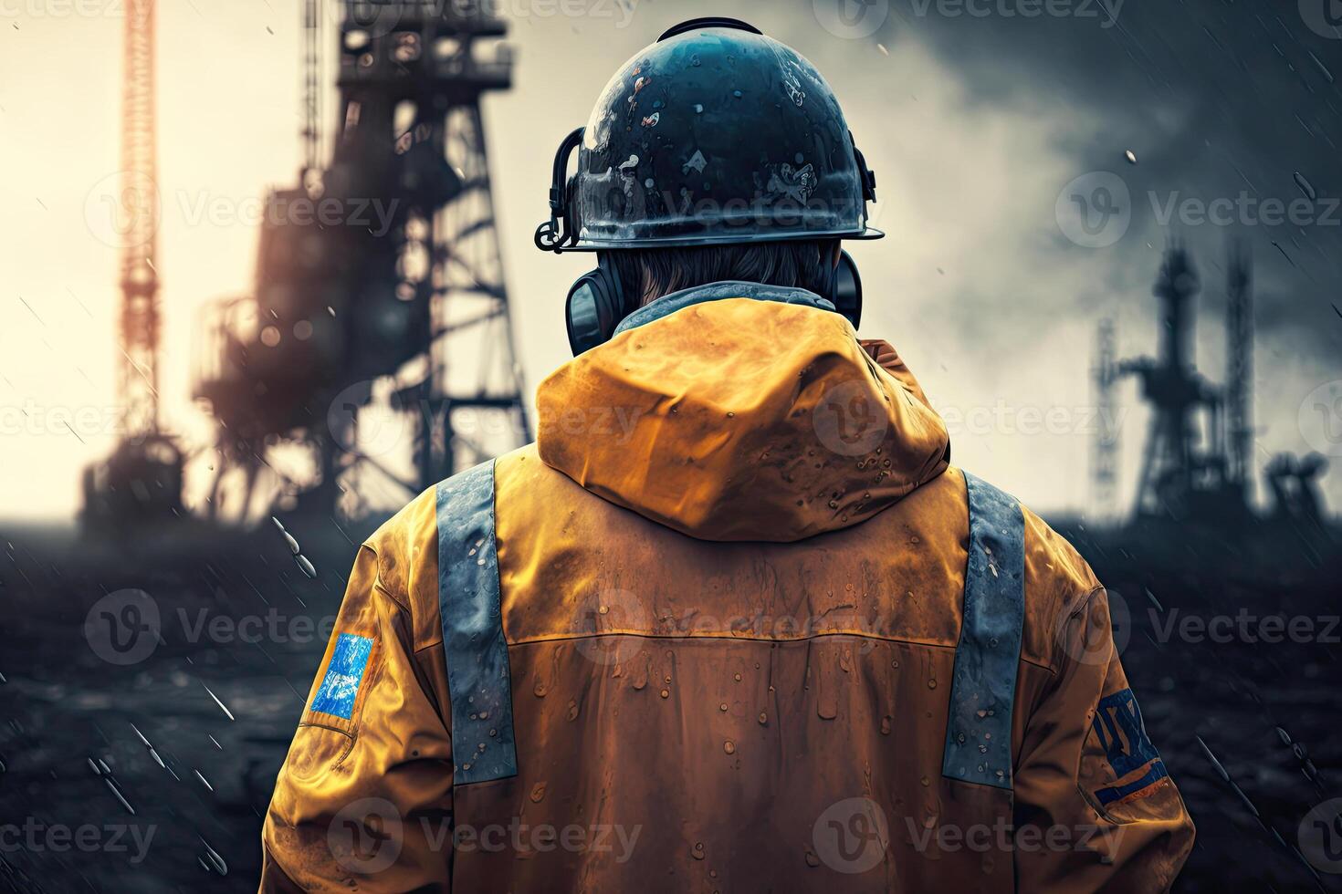 Back view of industrial worker wearing protective uniform and safety helmet standing near heavy industry factory. Created with photo