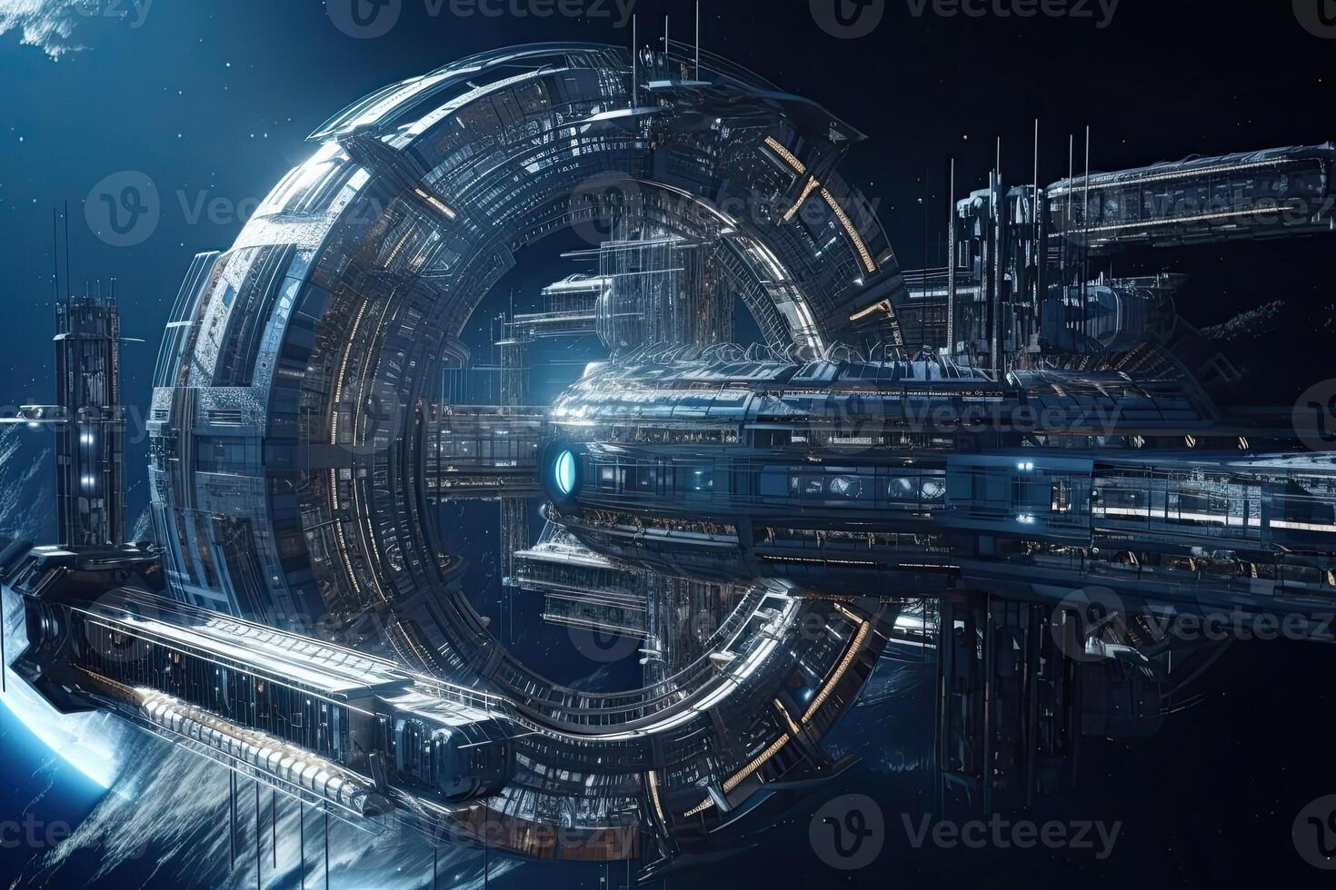 Futuristic space station on planet orbit. Spaceship in outer space. Created with photo