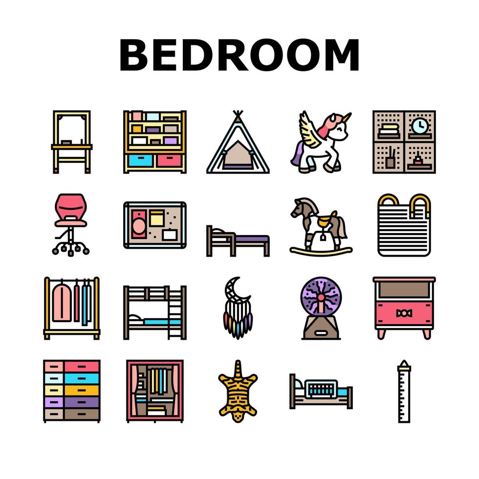 niño dormitorio habitación interior íconos conjunto vector