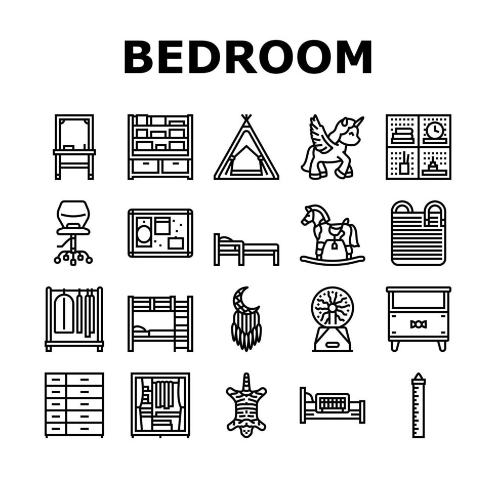 niño dormitorio habitación interior íconos conjunto vector