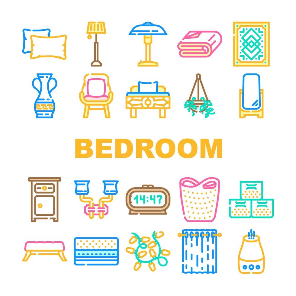 bedroom house home bed interior icons set vector