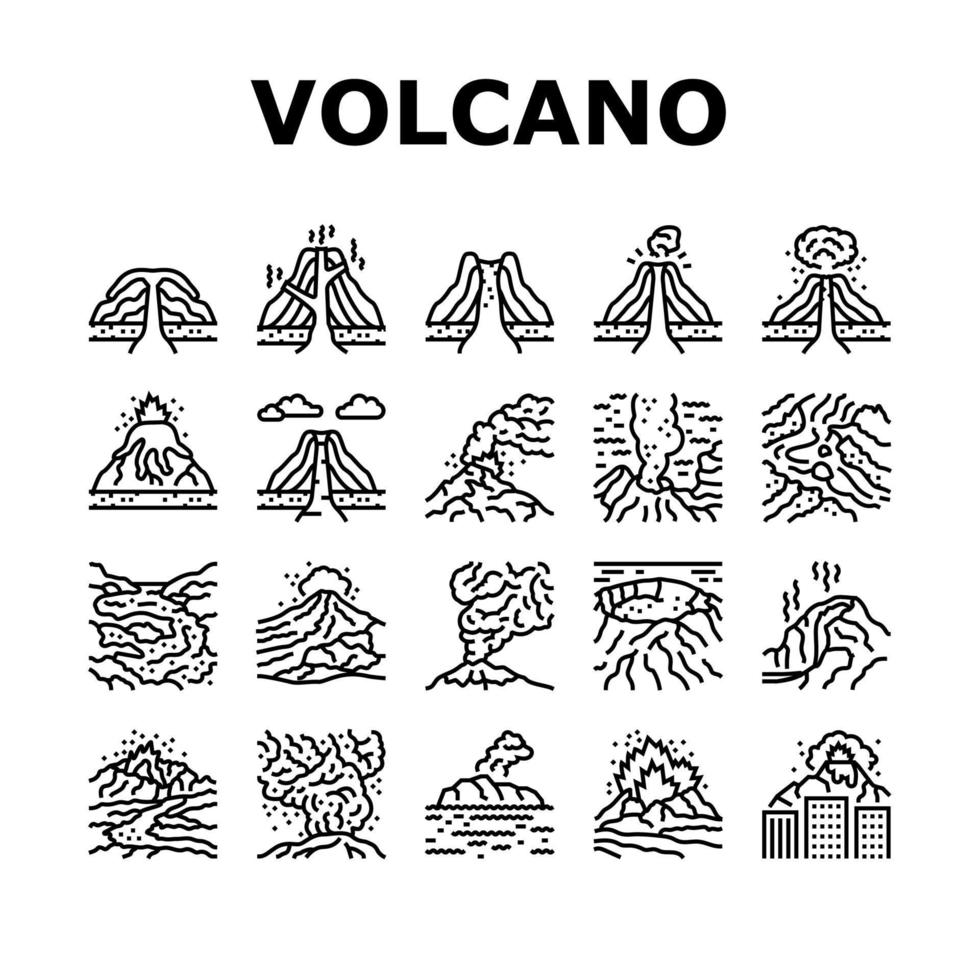 volcán lava erupción naturaleza íconos conjunto vector