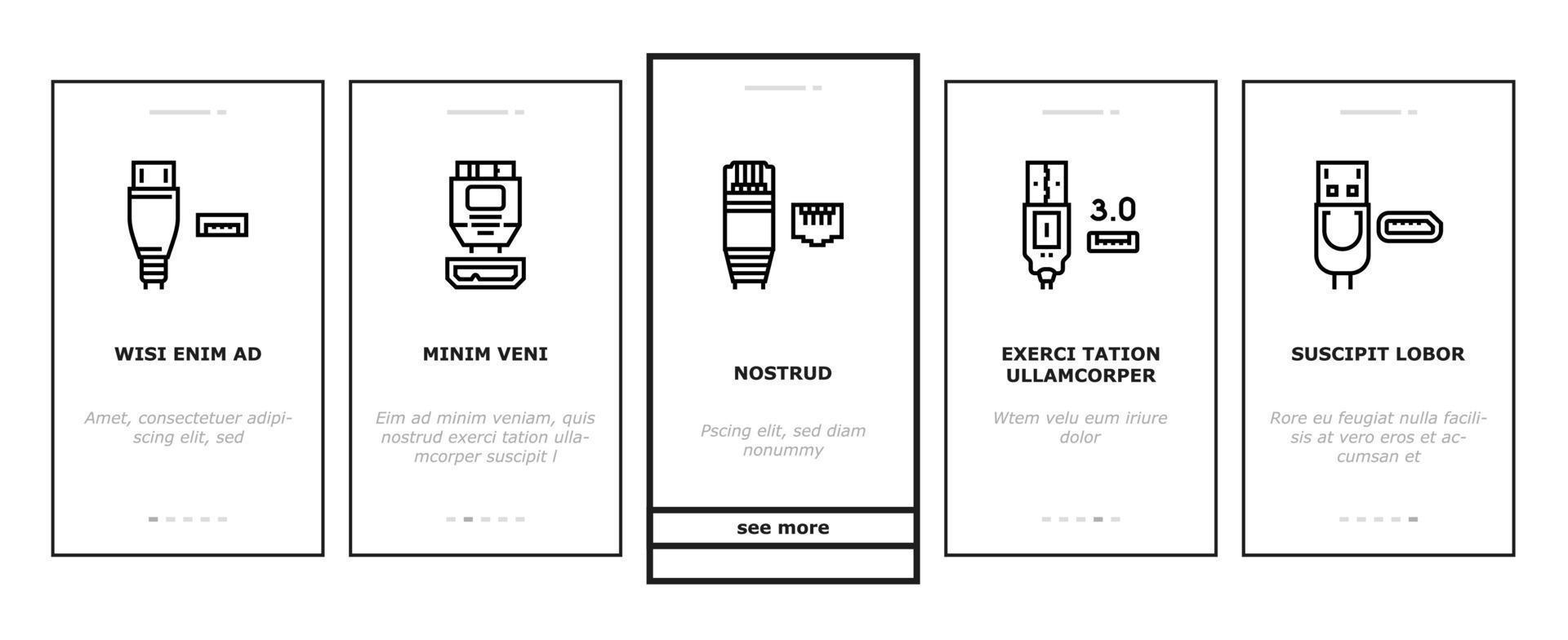 Usb Cable And Port Purchases Onboarding Icons Set Vector